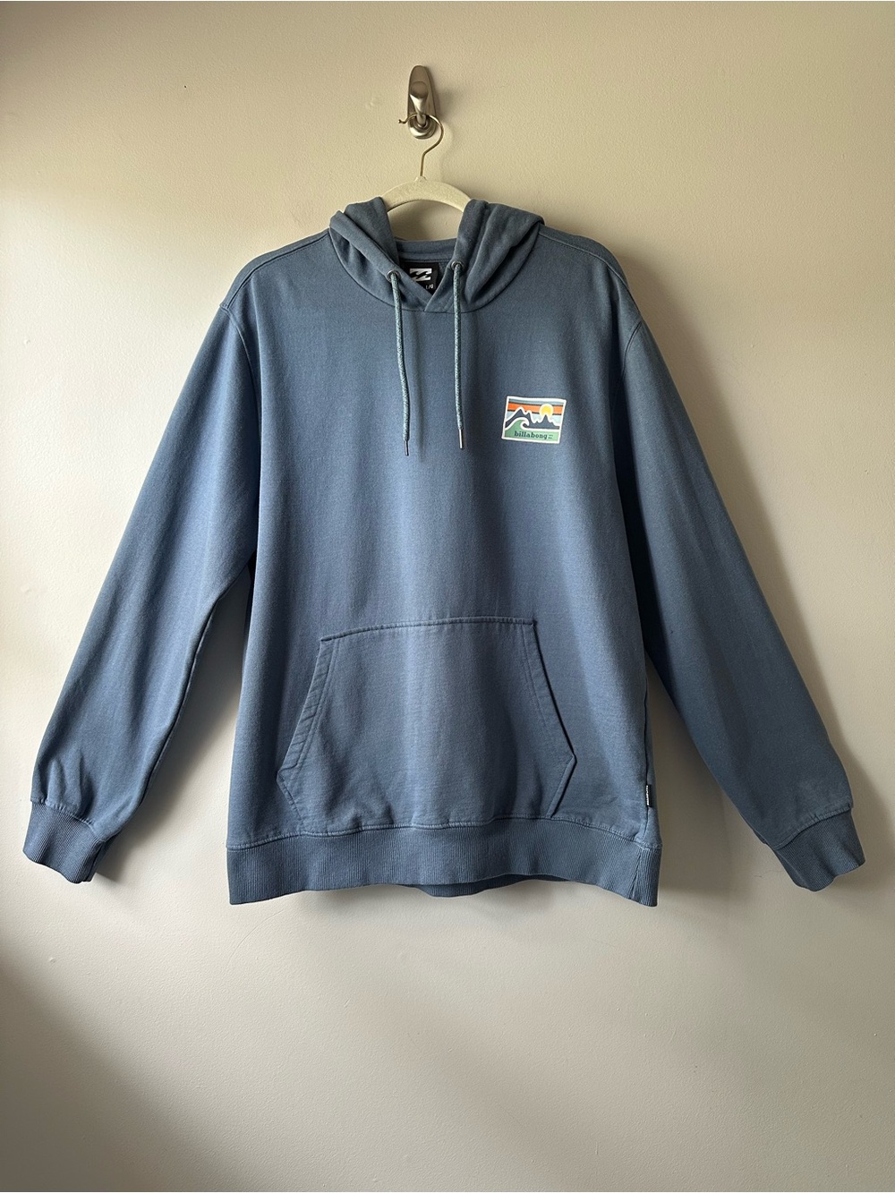 Billabong Tuck Graphic Blue Pullover Hoodie Retro Beach Front Patch Sz L Casual